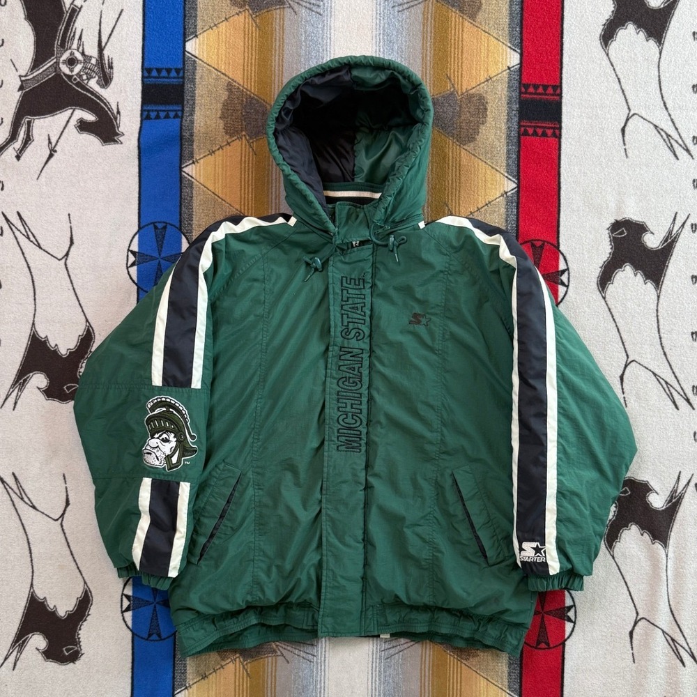 Vintage Starter Michigan State Spartans Puffer Jacket Green Mens XL Hooded